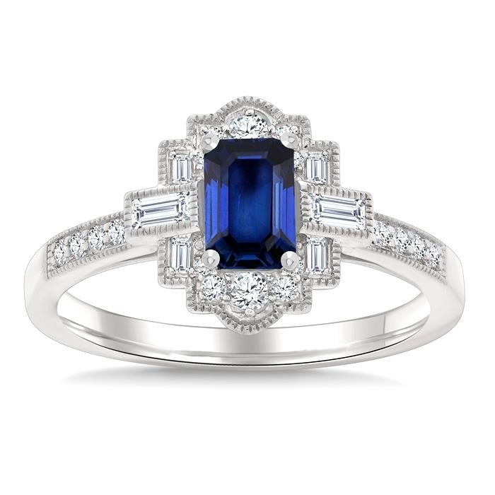 1/3 Ctw Art Deco 6X4MM Octagon Shape Sapphire, Baguette and Round Cut Diamond Precious Fashion Ring in 14K White Gold