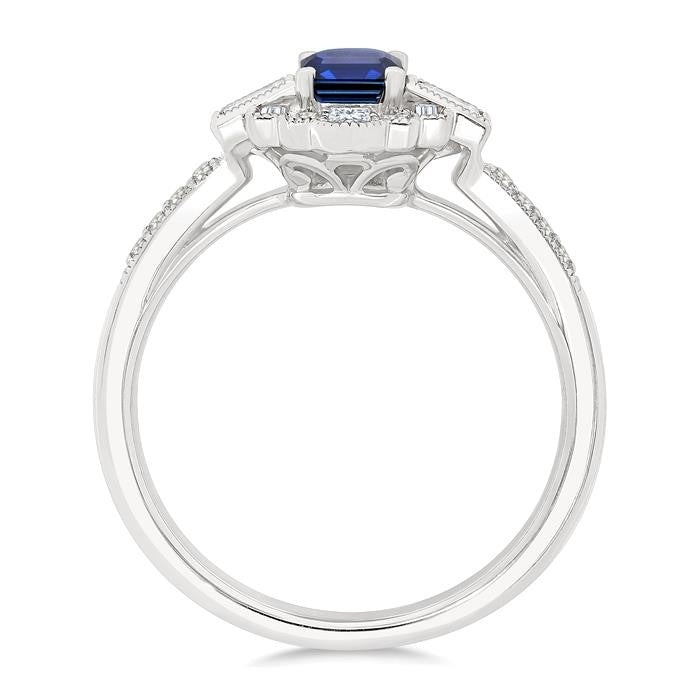 1/3 Ctw Art Deco 6X4MM Octagon Shape Sapphire, Baguette and Round Cut Diamond Precious Fashion Ring in 14K White Gold