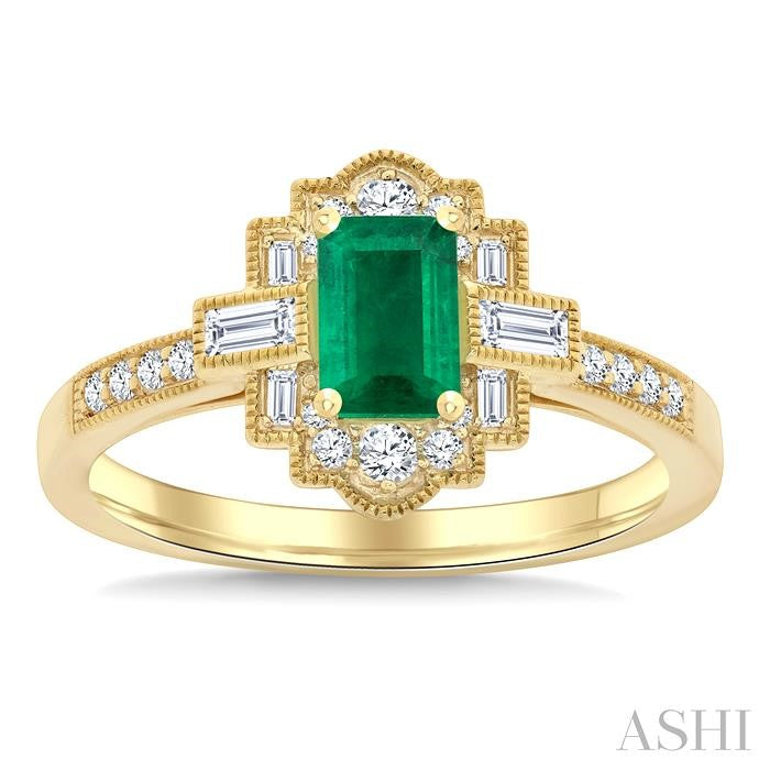 1/3 Ctw Art Deco 6X4MM Emerald, Baguette and Round Cut Diamond Precious Fashion Ring in 14K Yellow Gold
