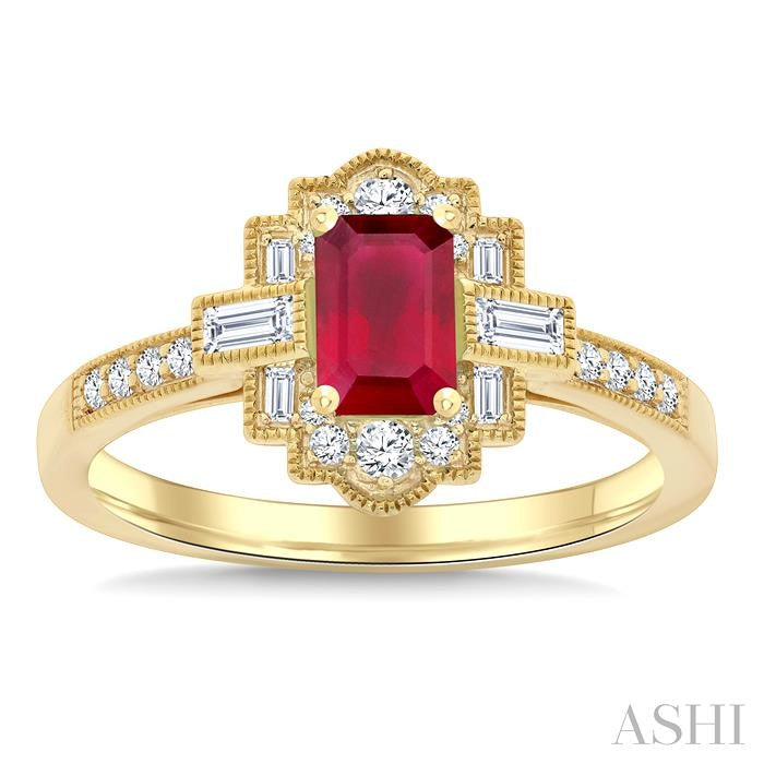 1/3 Ctw Art Deco 6X4MM Octagon Shape Ruby, Baguette and Round Cut Diamond Precious Fashion Ring in 14K Yellow Gold