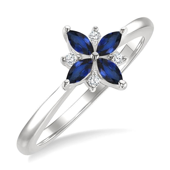 4X2 MM Marquise Shape Sapphire and 1/20 Ctw Round Cut Diamond Blossom Ring in 10K White Gold