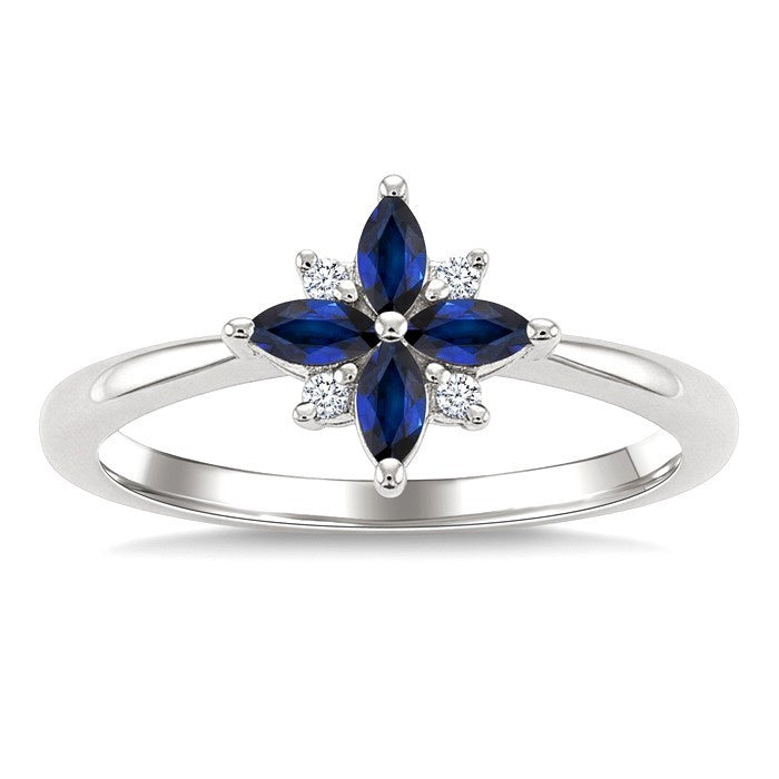 4X2 MM Marquise Shape Sapphire and 1/20 Ctw Round Cut Diamond Blossom Ring in 10K White Gold