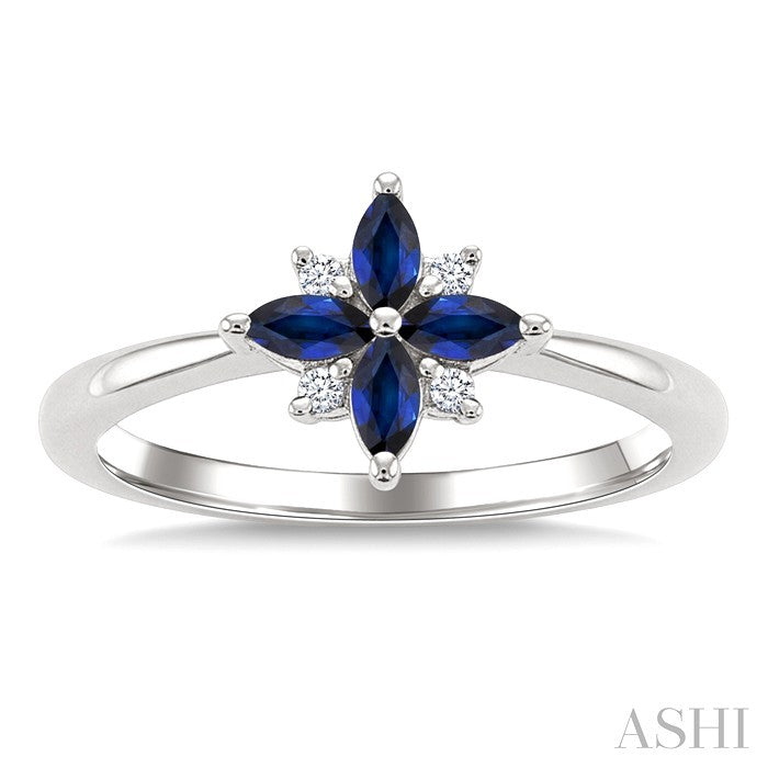 4X2 MM Marquise Shape Sapphire and 1/20 Ctw Round Cut Diamond Blossom Ring in 10K White Gold