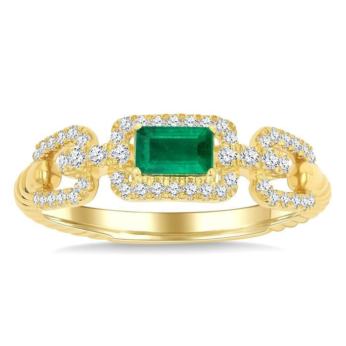 1/4 Ctw 5X3MM Octagon Shape Emerald and Round Cut Diamond Precious Rectangular Open Link Fashion Ring in 14K Yellow Gold