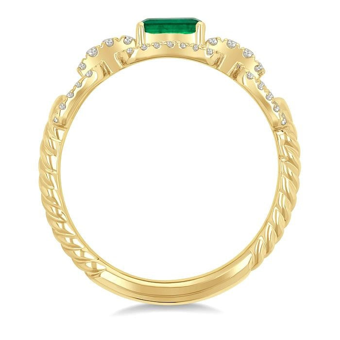 1/4 Ctw 5X3MM Octagon Shape Emerald and Round Cut Diamond Precious Rectangular Open Link Fashion Ring in 14K Yellow Gold