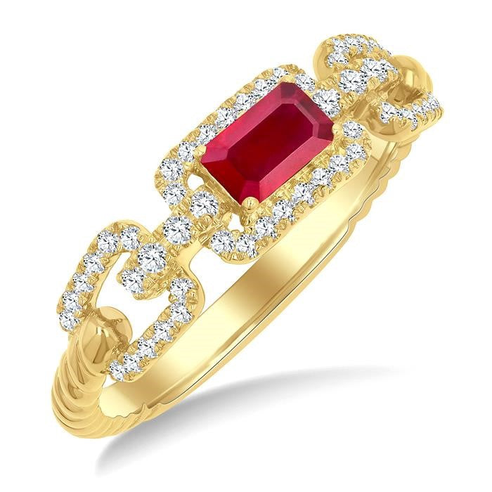 1/4 Ctw 5X3 MM Octagon Shape Ruby and Round Cut Diamond Precious Rectangular Open Link Fashion Ring in 14K Yellow Gold