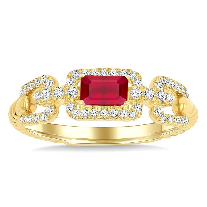 1/4 Ctw 5X3 MM Octagon Shape Ruby and Round Cut Diamond Precious Rectangular Open Link Fashion Ring in 14K Yellow Gold