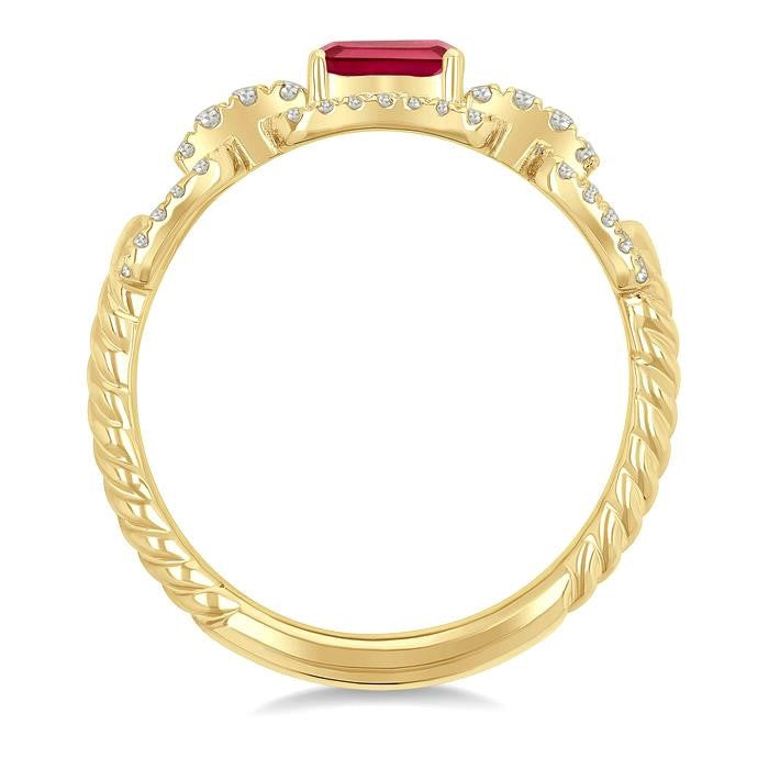 1/4 Ctw 5X3 MM Octagon Shape Ruby and Round Cut Diamond Precious Rectangular Open Link Fashion Ring in 14K Yellow Gold