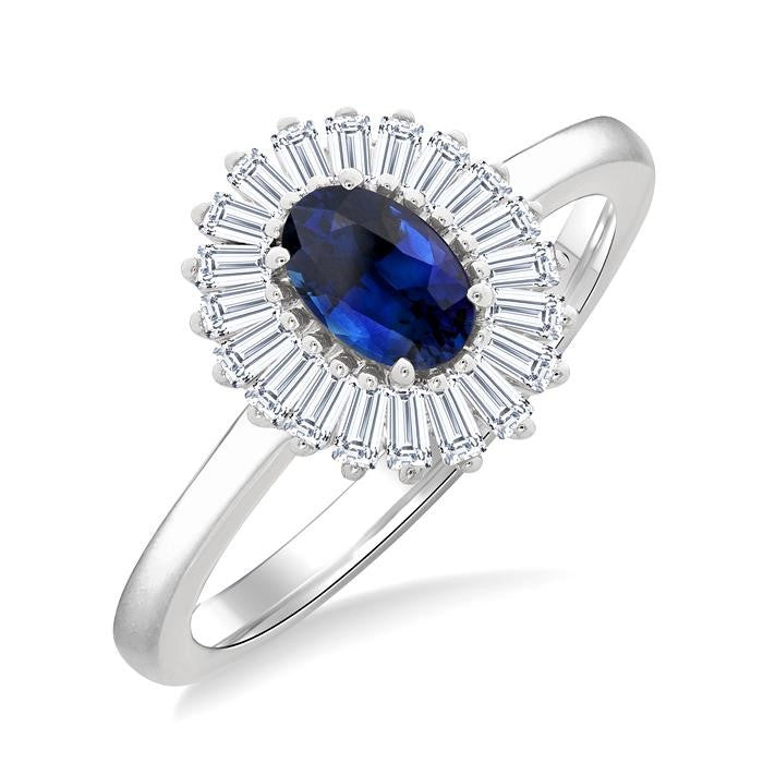 6X4 MM Oval Cut Sapphire and 1/3 Ctw Baguette Cut Diamond Halo Precious Fashion Ring in 14K White Gold