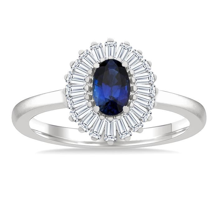 6X4 MM Oval Cut Sapphire and 1/3 Ctw Baguette Cut Diamond Halo Precious Fashion Ring in 14K White Gold