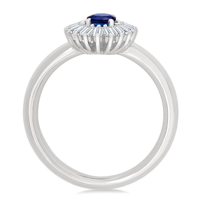 6X4 MM Oval Cut Sapphire and 1/3 Ctw Baguette Cut Diamond Halo Precious Fashion Ring in 14K White Gold