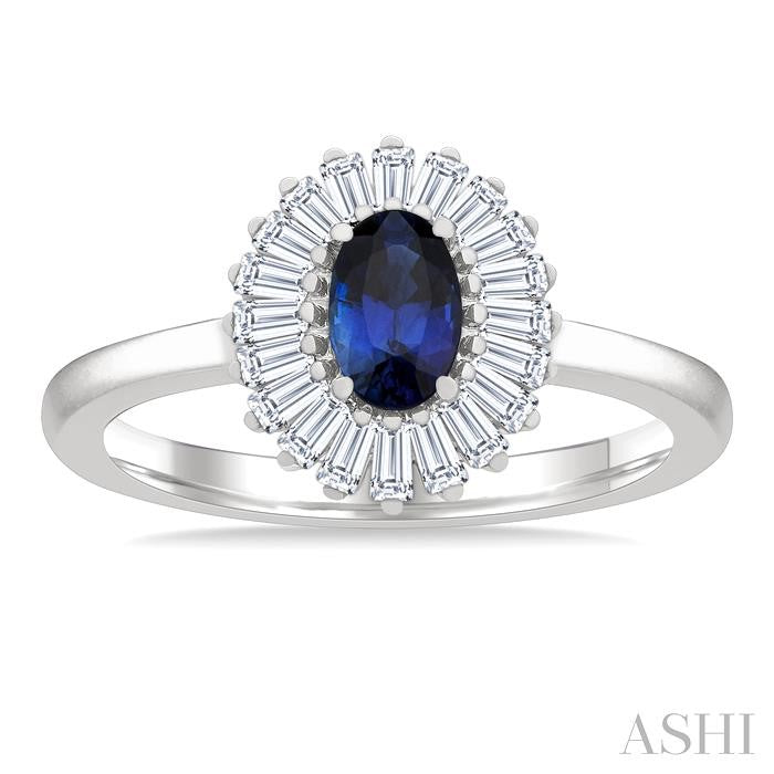 6X4 MM Oval Cut Sapphire and 1/3 Ctw Baguette Cut Diamond Halo Precious Fashion Ring in 14K White Gold