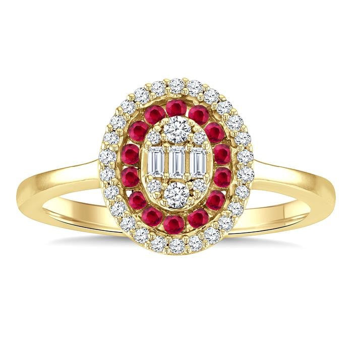 1/4 Ctw Oval Shape 1.35MM Ruby, Baguette and Round Cut Diamond Precious Fusion Fashion Ring in 14K Yellow Gold