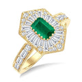 1 Ctw Art Deco Hexagon 6X4 MM Octagon Shape Emerald, Baguette and Round Cut Diamond Precious Fashion Ring in 14K Yellow Gold