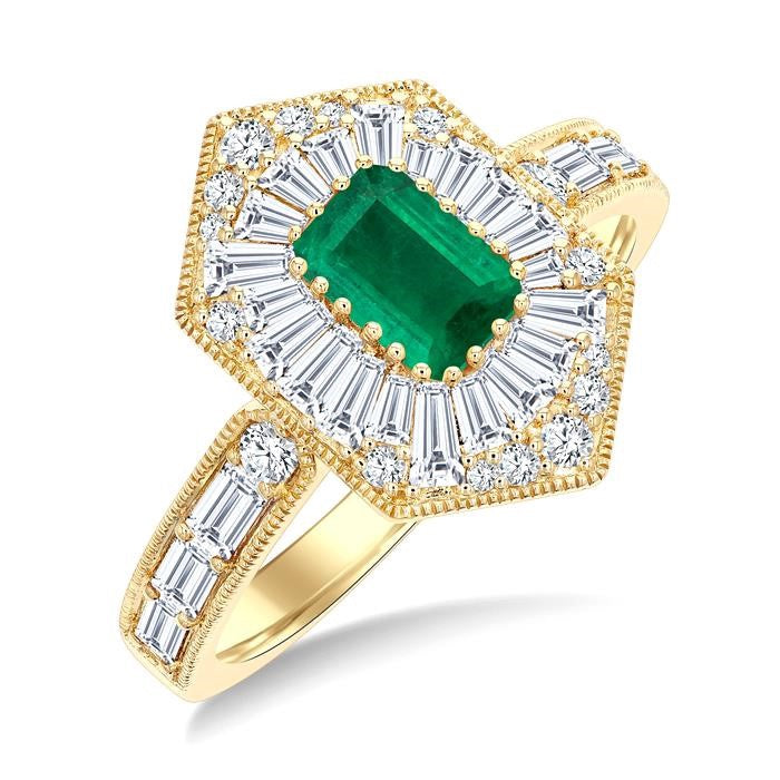 1 Ctw Art Deco Hexagon 6X4 MM Octagon Shape Emerald, Baguette and Round Cut Diamond Precious Fashion Ring in 14K Yellow Gold