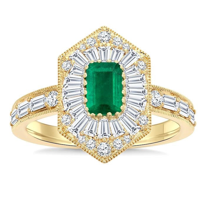 1 Ctw Art Deco Hexagon 6X4 MM Octagon Shape Emerald, Baguette and Round Cut Diamond Precious Fashion Ring in 14K Yellow Gold