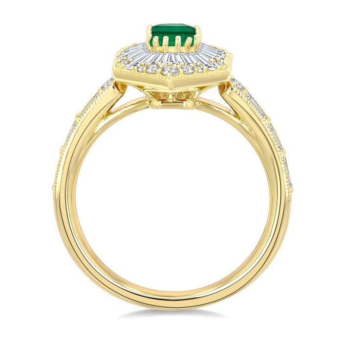 1 Ctw Art Deco Hexagon 6X4 MM Octagon Shape Emerald, Baguette and Round Cut Diamond Precious Fashion Ring in 14K Yellow Gold
