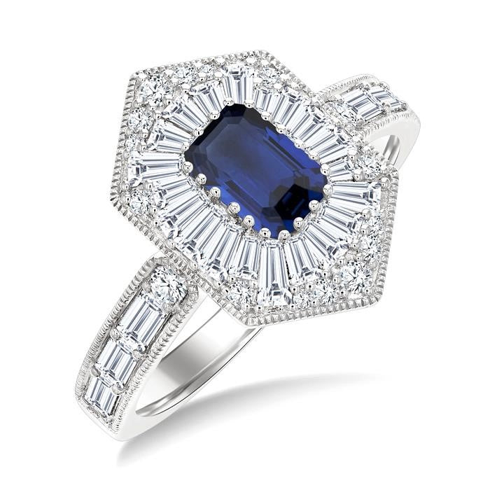1 Ctw Art Deco Hexagon 6X4MM Octagon Shape Sapphire, Baguette and Round Cut Diamond Precious Fashion Ring in 14K White Gold