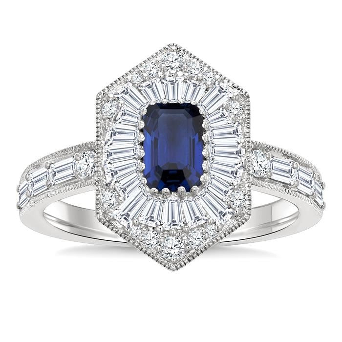 1 Ctw Art Deco Hexagon 6X4MM Octagon Shape Sapphire, Baguette and Round Cut Diamond Precious Fashion Ring in 14K White Gold