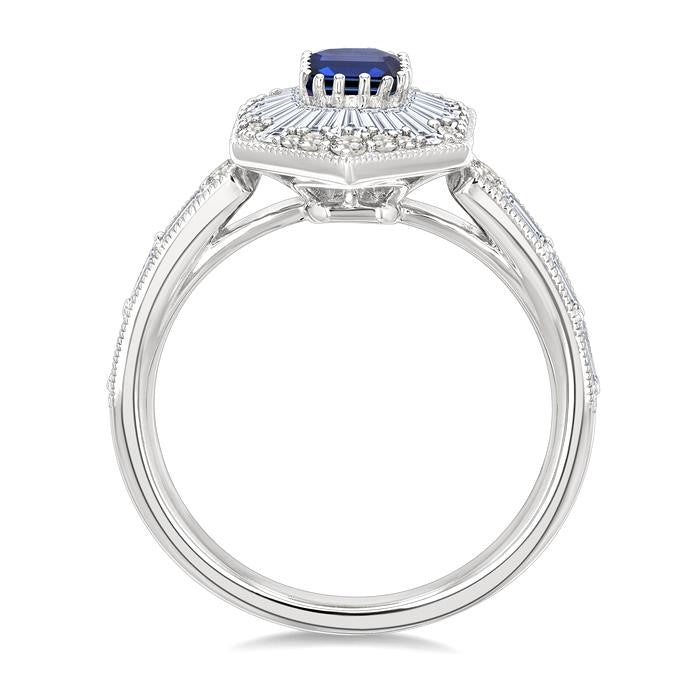 1 Ctw Art Deco Hexagon 6X4MM Octagon Shape Sapphire, Baguette and Round Cut Diamond Precious Fashion Ring in 14K White Gold