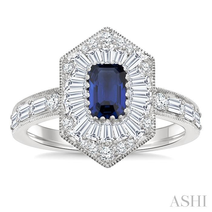 1 Ctw Art Deco Hexagon 6X4MM Octagon Shape Sapphire, Baguette and Round Cut Diamond Precious Fashion Ring in 14K White Gold