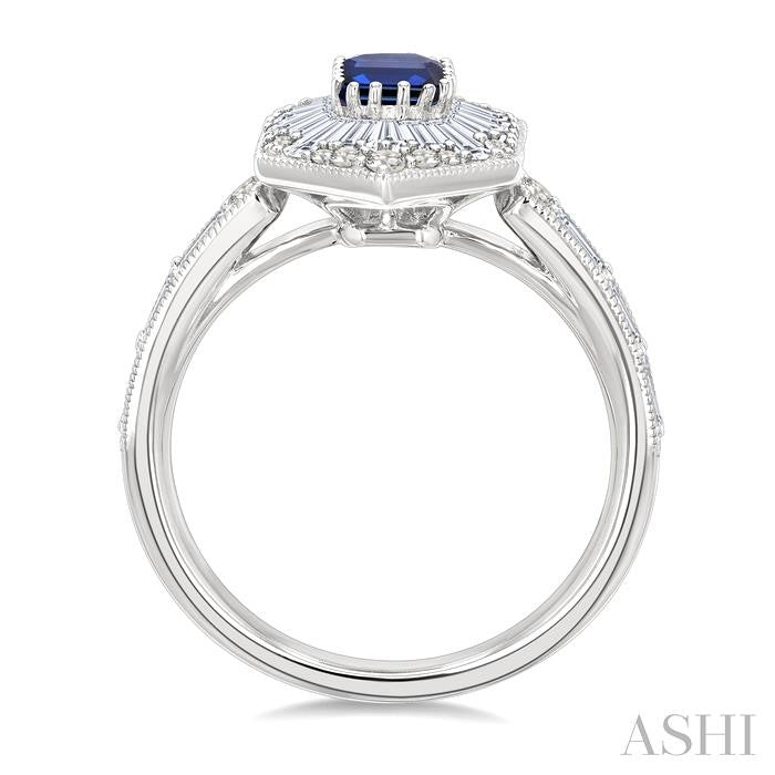 1 Ctw Art Deco Hexagon 6X4MM Octagon Shape Sapphire, Baguette and Round Cut Diamond Precious Fashion Ring in 14K White Gold