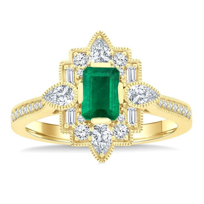 6X4 MM Octagon Cut Emerald and 5/8 Ctw Art Deco Mixed Diamond Cut Precious Fashion Ring in 14K Yellow Gold