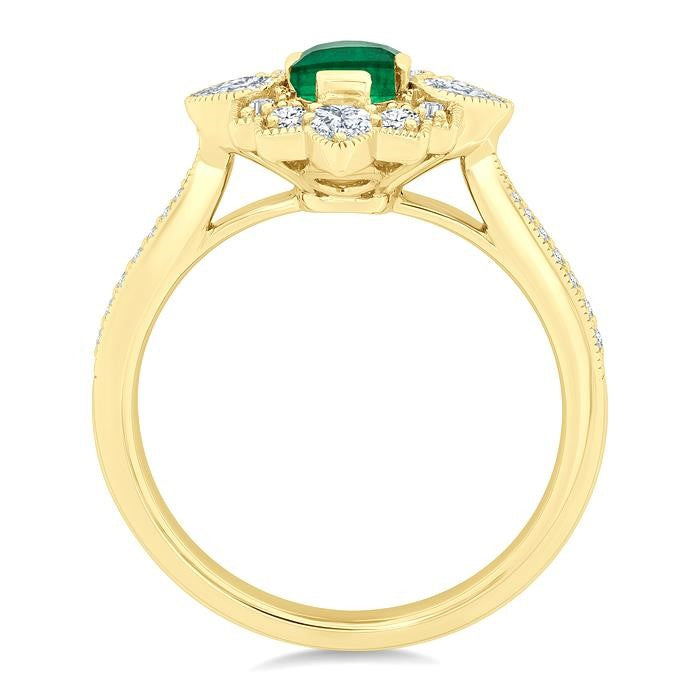 6X4 MM Octagon Cut Emerald and 5/8 Ctw Art Deco Mixed Diamond Cut Precious Fashion Ring in 14K Yellow Gold