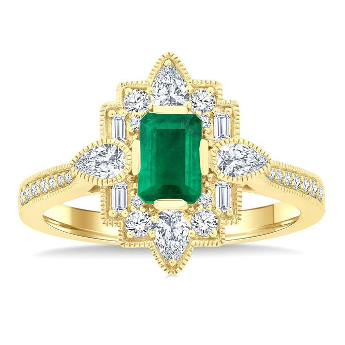 Emerald Shape Art Deco Gemstone & Diamond Fashion Ring