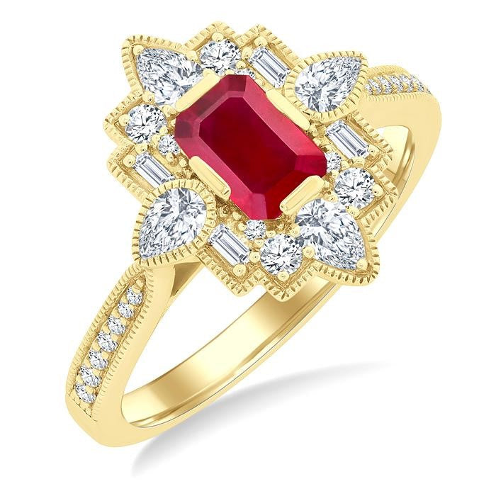 6X4 MM Octagon Cut Ruby and 5/8 Ctw Art Deco Mixed Diamond Cut Precious Fashion Ring in 14K Yellow Gold