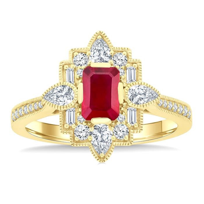 6X4 MM Octagon Cut Ruby and 5/8 Ctw Art Deco Mixed Diamond Cut Precious Fashion Ring in 14K Yellow Gold