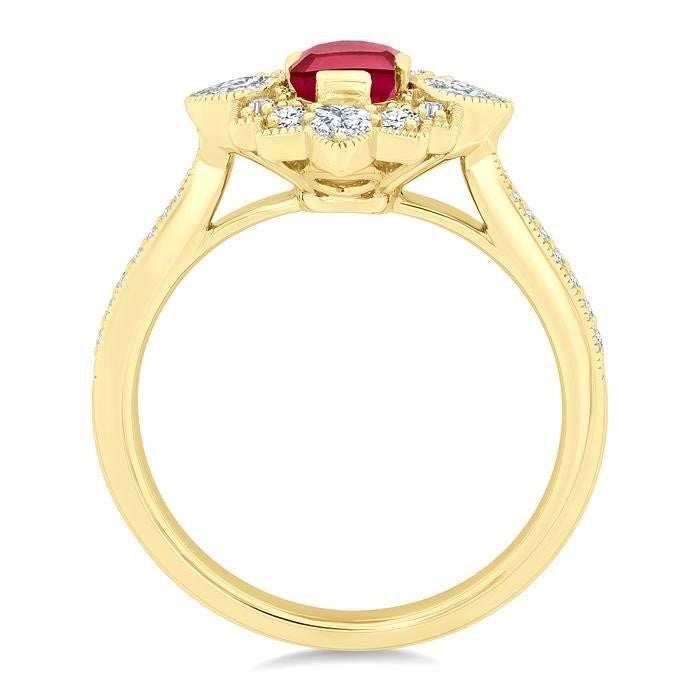 6X4 MM Octagon Cut Ruby and 5/8 Ctw Art Deco Mixed Diamond Cut Precious Fashion Ring in 14K Yellow Gold