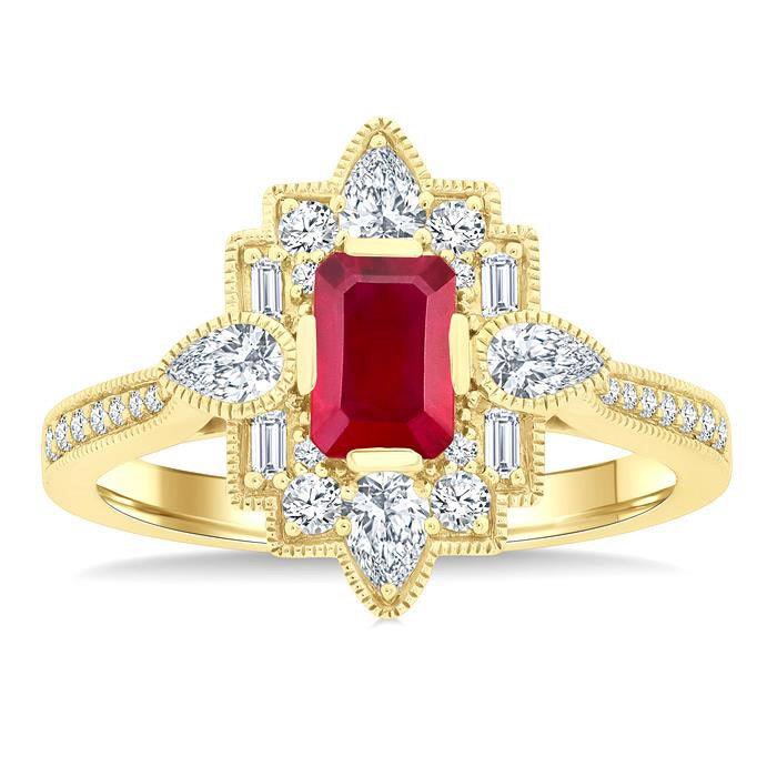 Emerald Shape Art Deco Gemstone & Diamond Fashion Ring