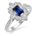 6X4 MM Octagon Cut Sapphire and 5/8 Ctw Art Deco Mixed Diamond Cut Precious Fashion Ring in 14K White Gold