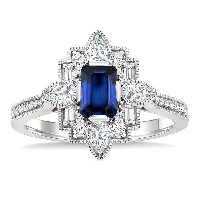 6X4 MM Octagon Cut Sapphire and 5/8 Ctw Art Deco Mixed Diamond Cut Precious Fashion Ring in 14K White Gold