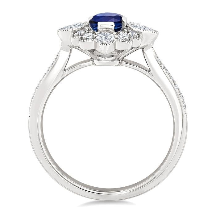 6X4 MM Octagon Cut Sapphire and 5/8 Ctw Art Deco Mixed Diamond Cut Precious Fashion Ring in 14K White Gold