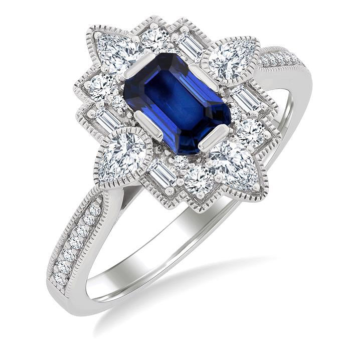 Emerald Shape Art Deco Gemstone & Diamond Fashion Ring