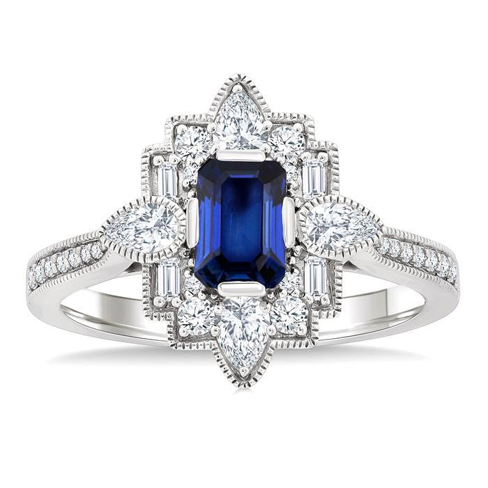 Emerald Shape Art Deco Gemstone & Diamond Fashion Ring