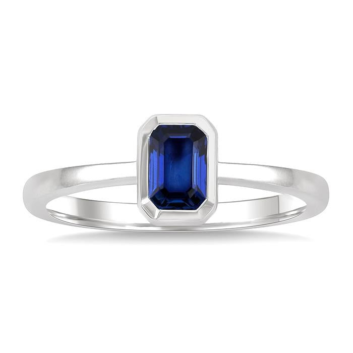 6X4 MM Octagon Shape Sapphire Precious Solitaire Ring in 14K White Gold