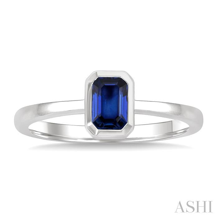 6x4 MM Octagon Shape Sapphire Precious Solitaire Ring in 14K White Gold