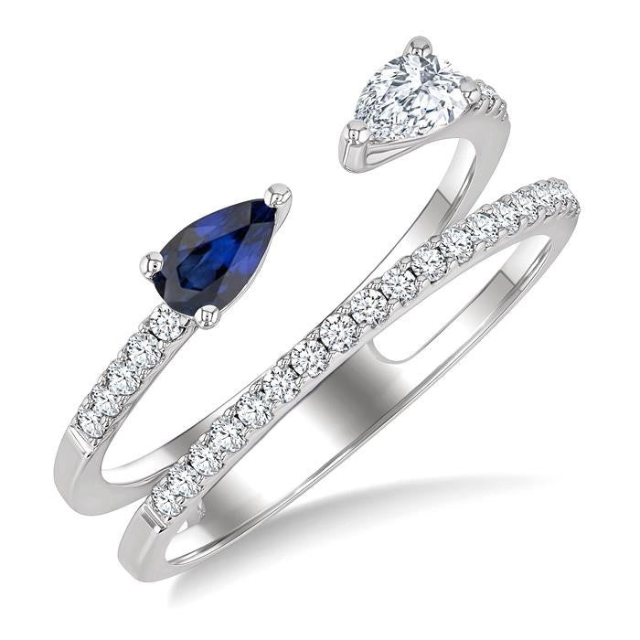 5X3 MM Sapphire, Pear and 1/2 Ctw Split Shank Round Cut Diamond Precious Fashion Ring in 14K White Gold