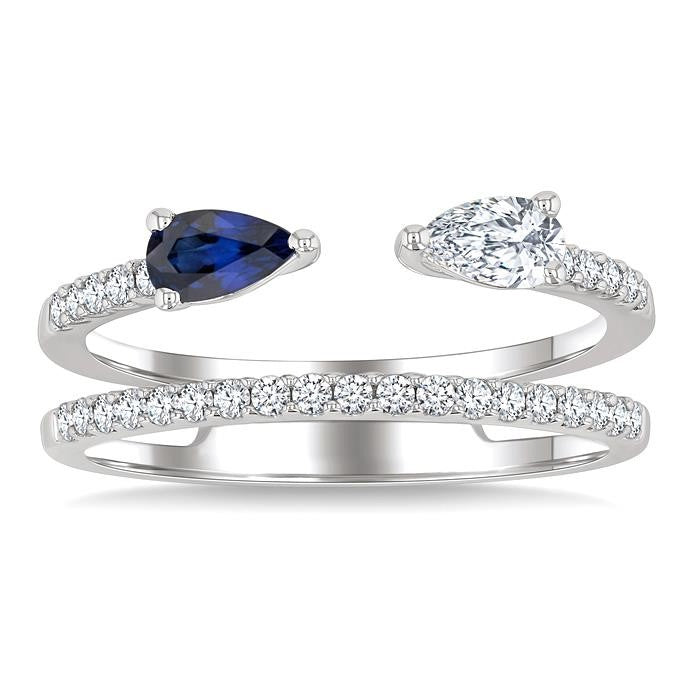5X3 MM Sapphire, Pear and 1/2 Ctw Split Shank Round Cut Diamond Precious Fashion Ring in 14K White Gold