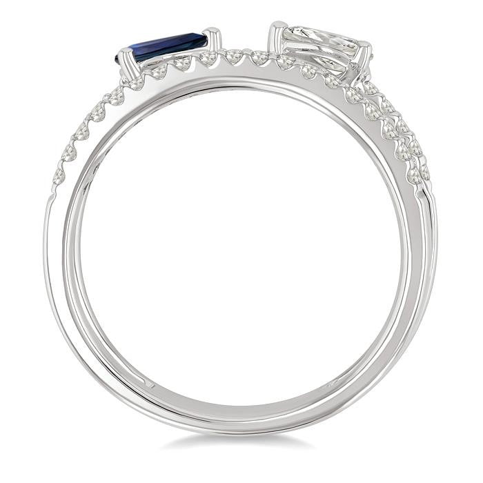5X3 MM Sapphire, Pear and 1/2 Ctw Split Shank Round Cut Diamond Precious Fashion Ring in 14K White Gold