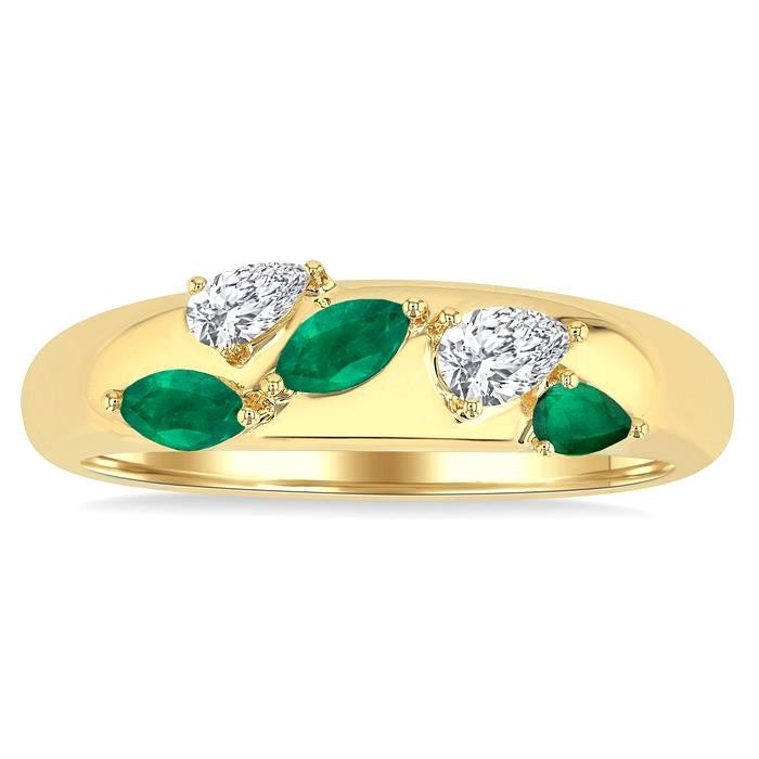 4X3 MM Pear and 4X2 MM Marquise shape Emerald and 1/4 Ctw Pear Cut Diamond Fashion Band in 14K Yellow Gold
