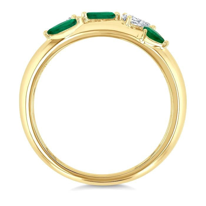 4X3 MM Pear and 4X2 MM Marquise shape Emerald and 1/4 Ctw Pear Cut Diamond Fashion Band in 14K Yellow Gold