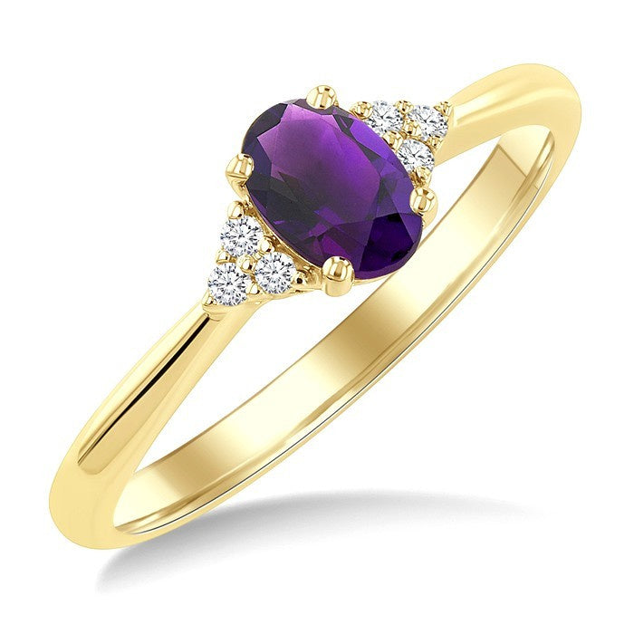 1/20 Ctw Oval Cut 6X4 MM Amethyst and Round Cut Diamond semi-precious Ring in 14K Yellow Gold