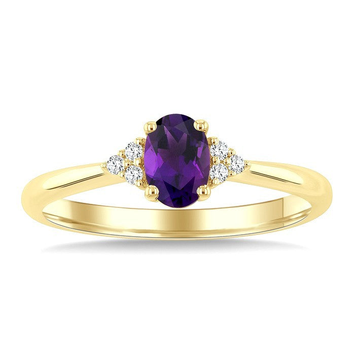 1/20 Ctw Oval Cut 6X4 MM Amethyst and Round Cut Diamond semi-precious Ring in 14K Yellow Gold