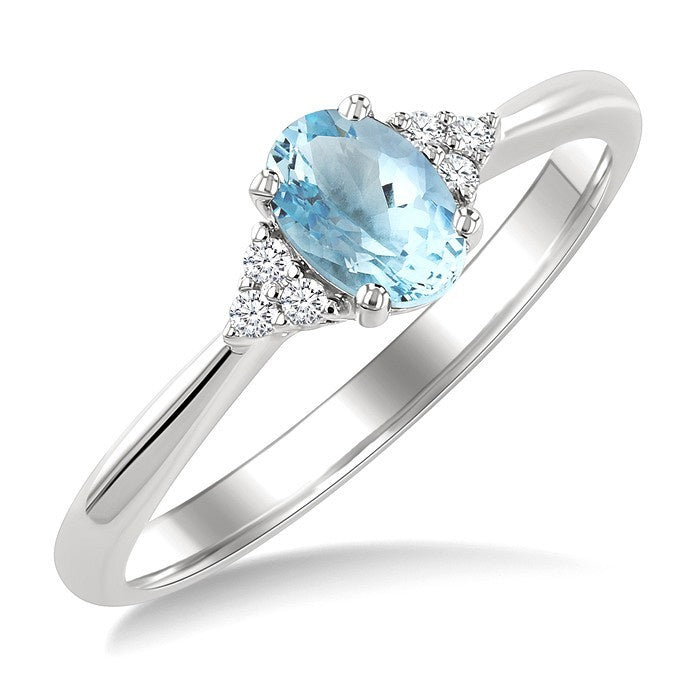 1/20 Ctw Oval Cut 6X4 MM Aquamarine and Round Cut Diamond semi-precious Ring in 14K White Gold
