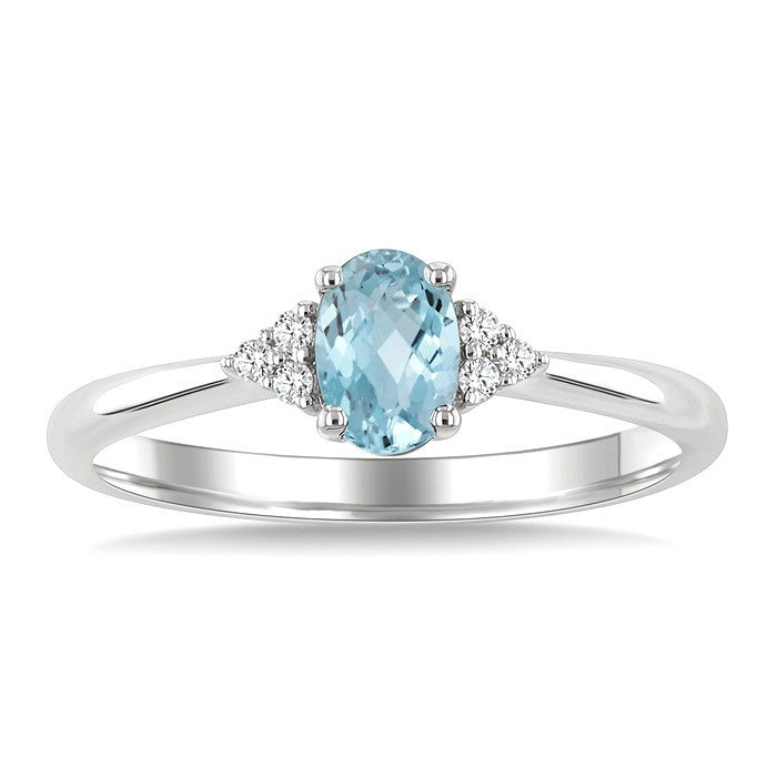 1/20 Ctw Oval Cut 6X4 MM Aquamarine and Round Cut Diamond semi-precious Ring in 14K White Gold
