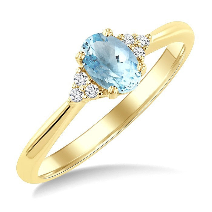 1/20 Ctw Oval Cut 6X4 MM Aquamarine and Round Cut Diamond semi-precious Ring in 14K Yellow Gold